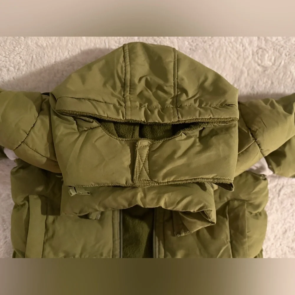 Kids Olive Green Puffer Jacket with Stripes
